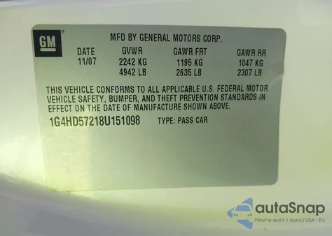2008 Buick Lucerne Cxl z USA, uszkodzony, nr VIN 1G4HD57218U151098